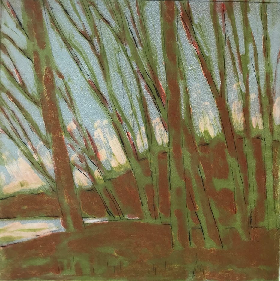 Clare Adams River Bank 2012 Monotype print on paper 13 x 13 in