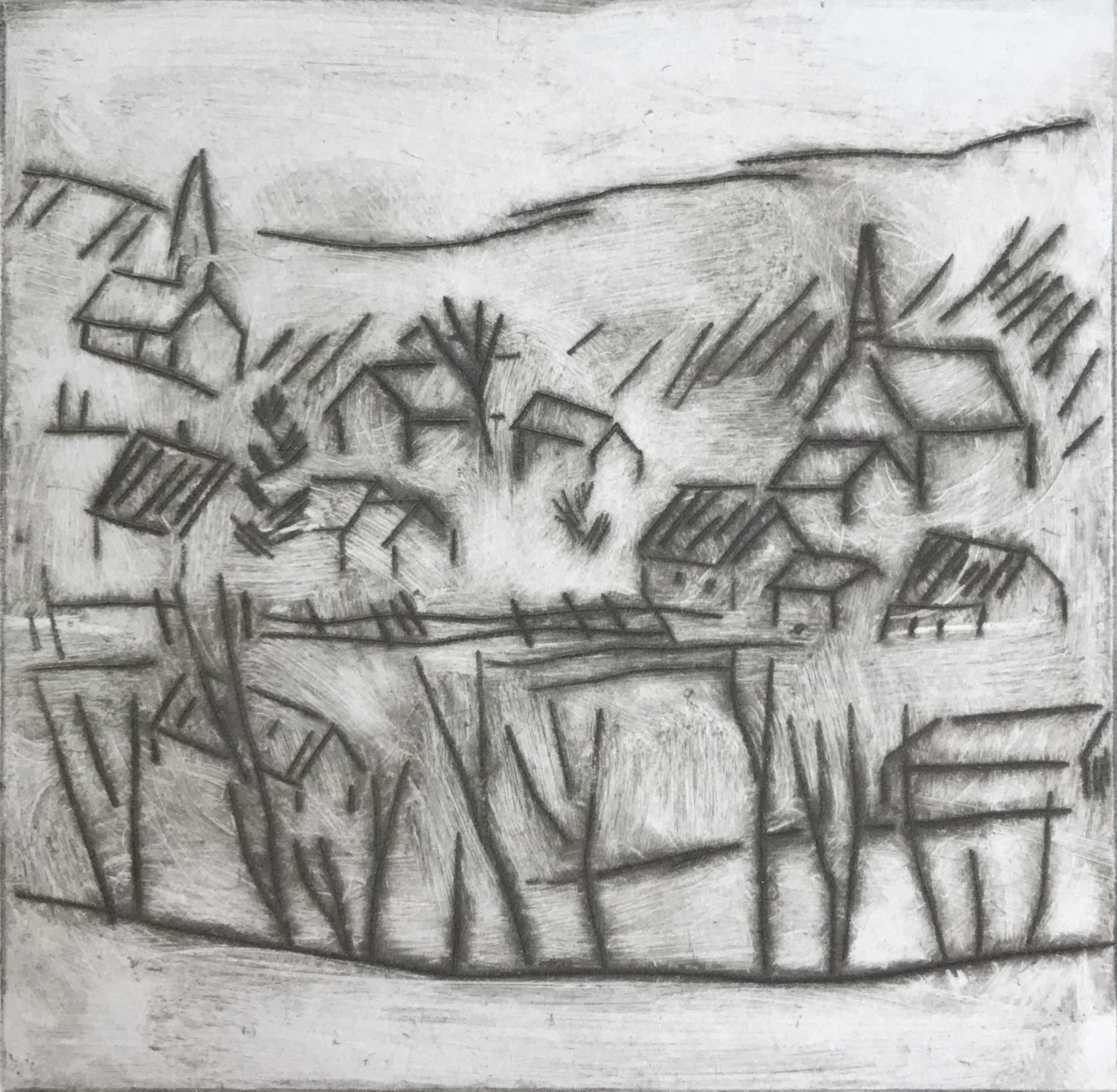 Clare Adams Grafton Overlook 2 2019 Drypoint etching on paper (framed) 4 x 4 in