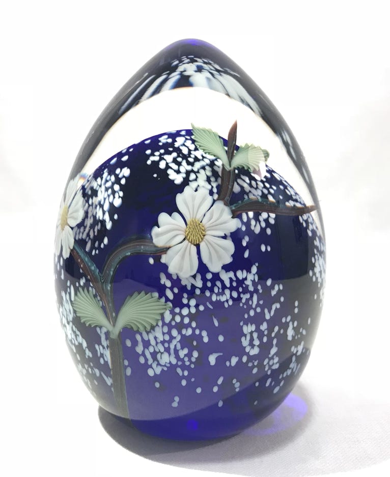 Chris Sherwin Plum Blossom Egg with Blue Paperweight Collection 2016 Sculpted glass with torchwork