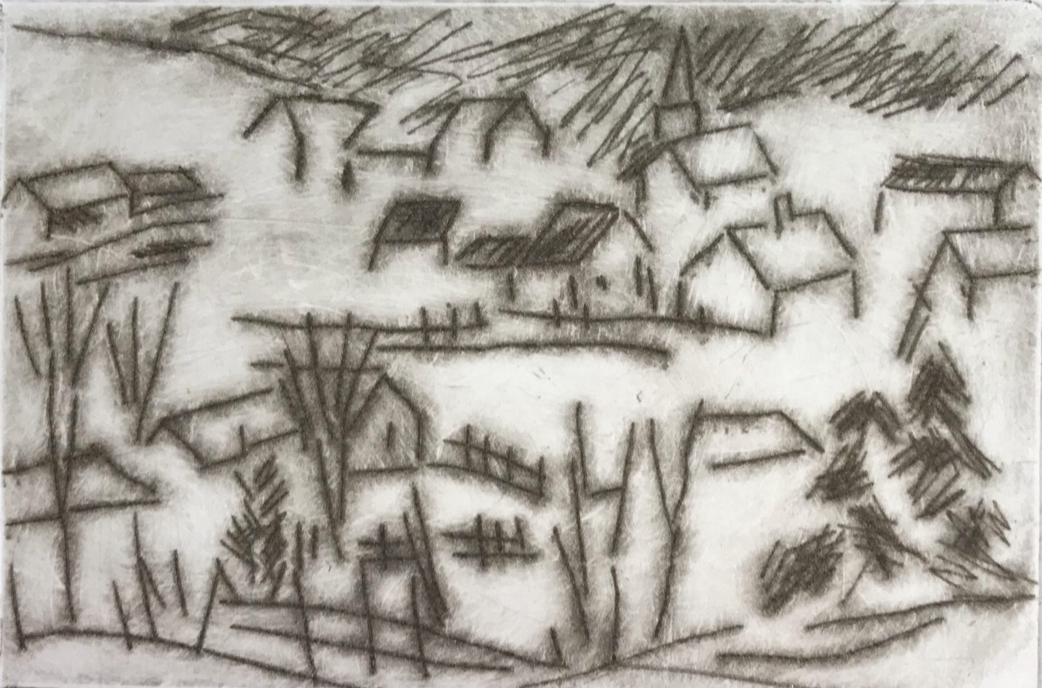 Clare Adams Grafton Overlook 1 2019 Drypoint etching on paper (framed) 3 x 4 in