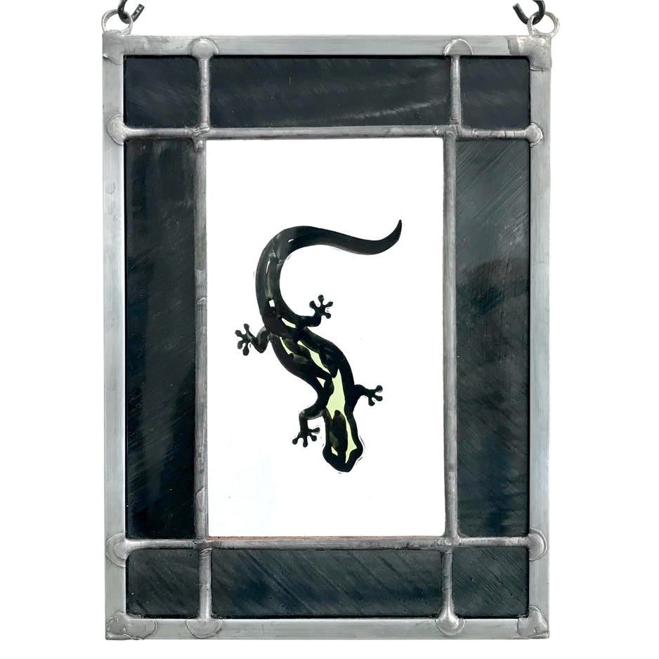 Clare Adams, Salamander, 2021, Stained and enameled glass 
