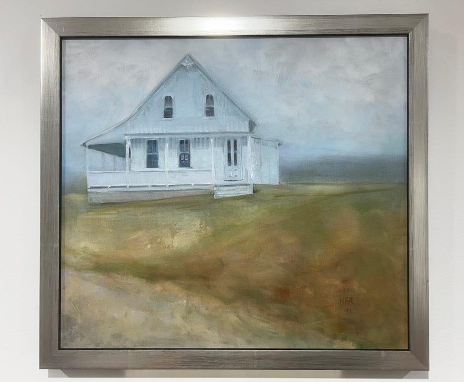 Nancy Fitz-Rapalje Block Island House 2021 oil on silk 13 x 14.4 in $500 artwork, $122 frame $622