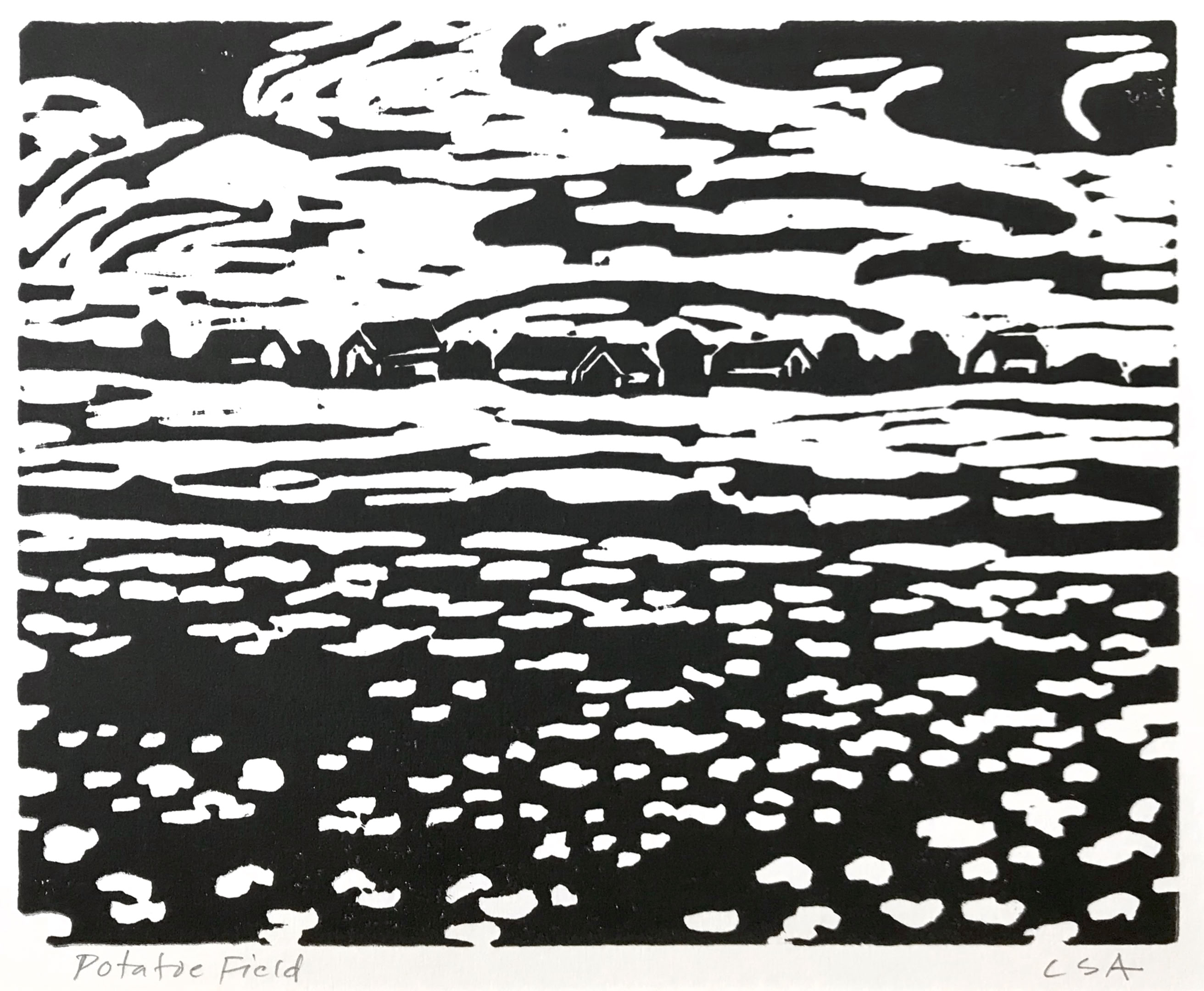 Clare Adams Potato Field 2016 Block-print on paper 8 x 10 in