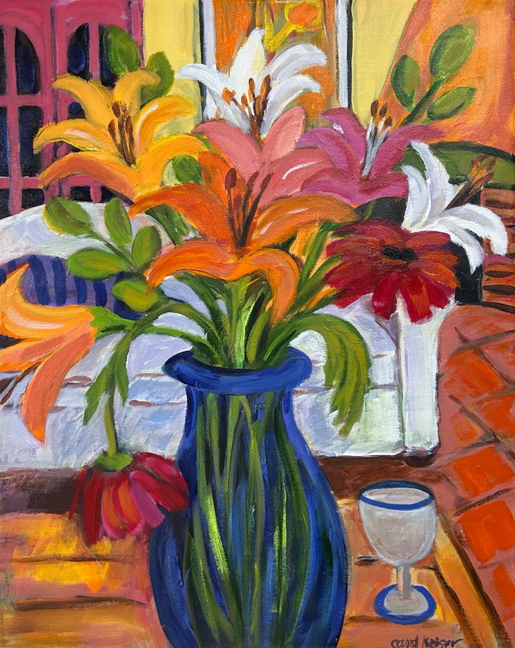 Carol Keiser  Interior with Lillies acrylic on canvas 2023