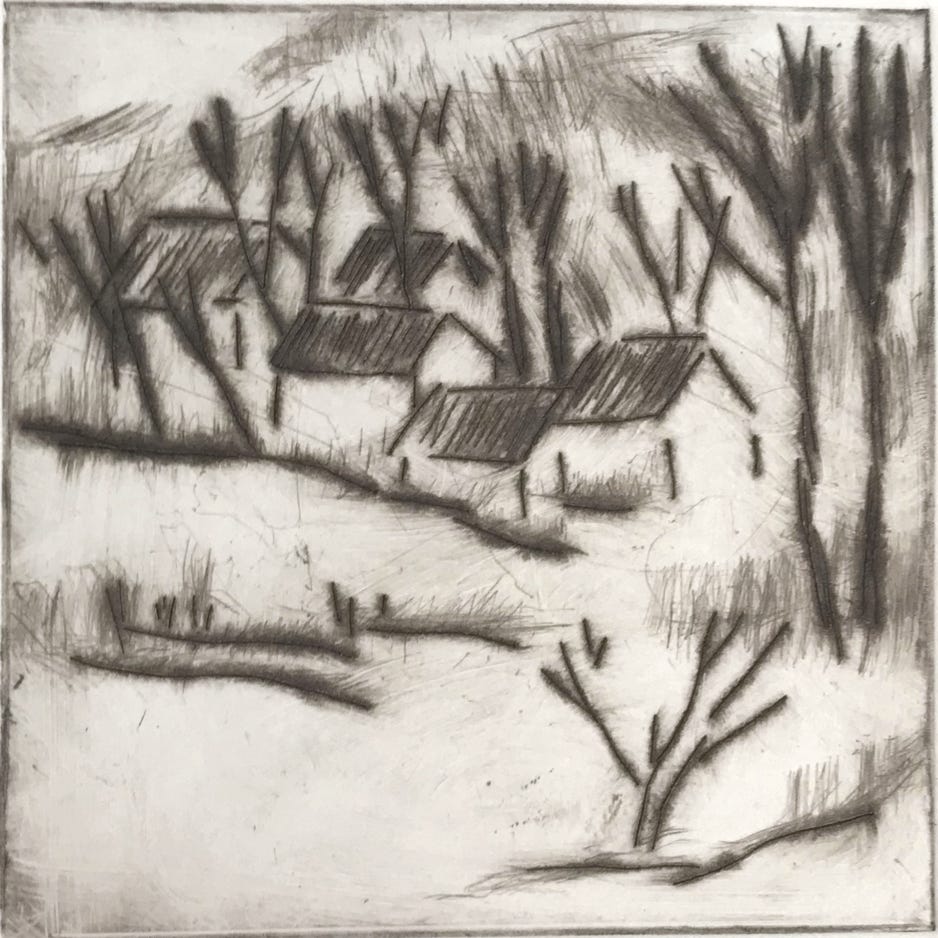 Clare Adams Houses 2019 Drypoint etching on paper (framed) 4 x 4 in