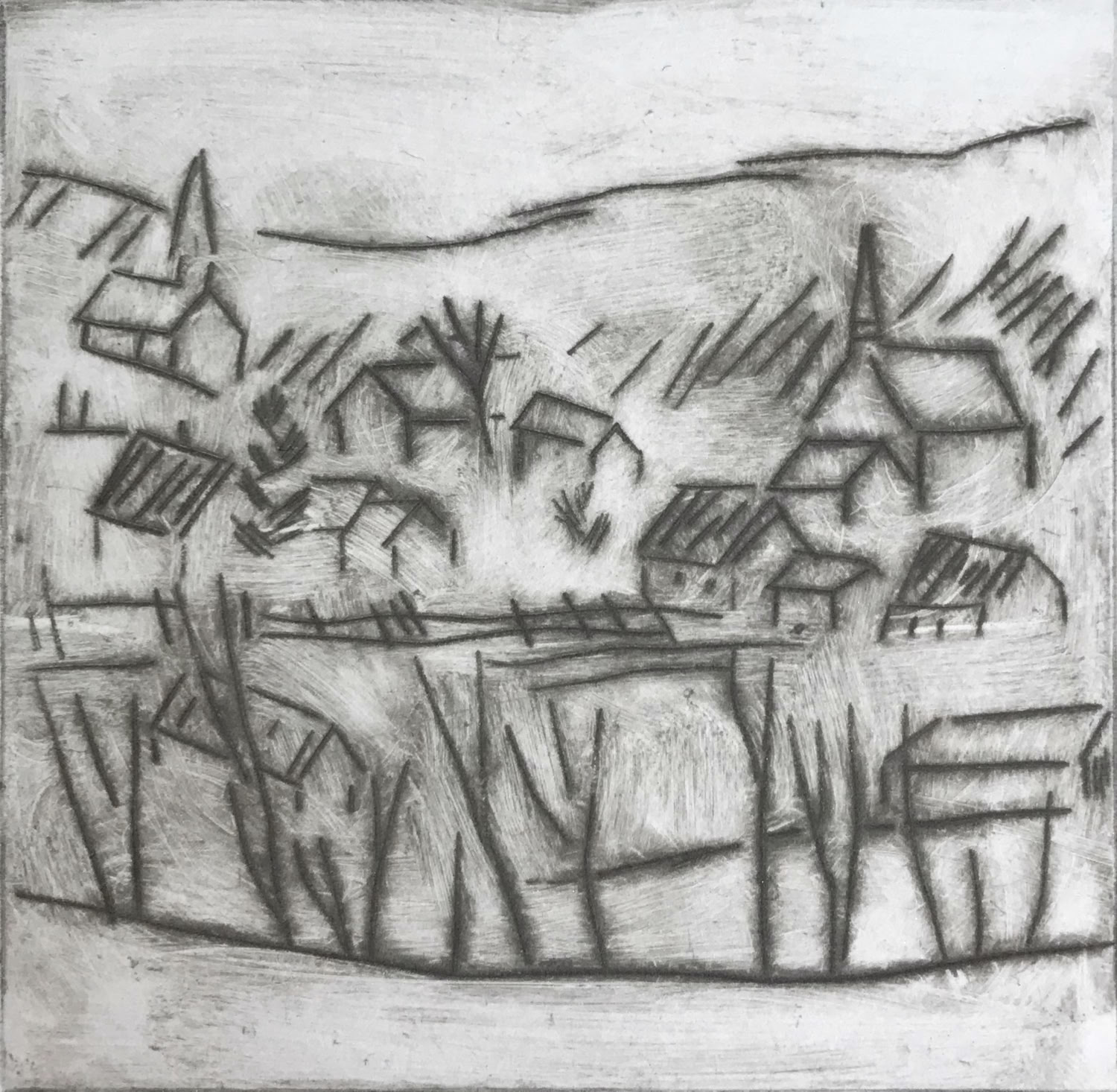 Clare Adams Grafton Overlook 2 2019 Drypoint etching on paper (framed) 4 x 4 in