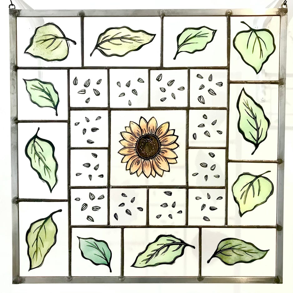 Clare Adams, Sunflower & Seeds, 2020, Stained and enameled glass 