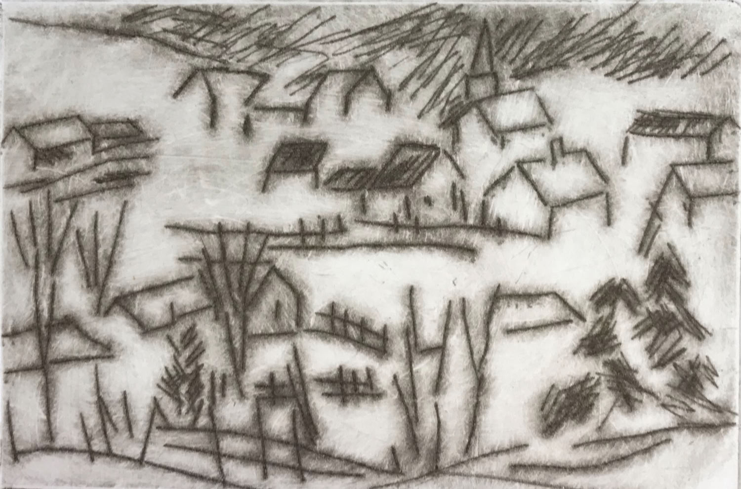 Clare Adams Grafton Overlook 1 2019 Drypoint etching on paper (framed) 3 x 4 in