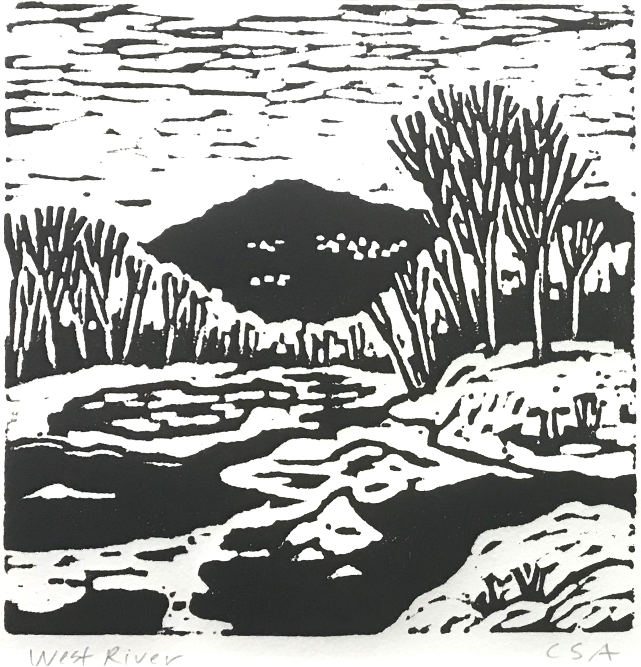 Clare Adams West River 2018 Block-print on paper (framed) 8 x 8 in