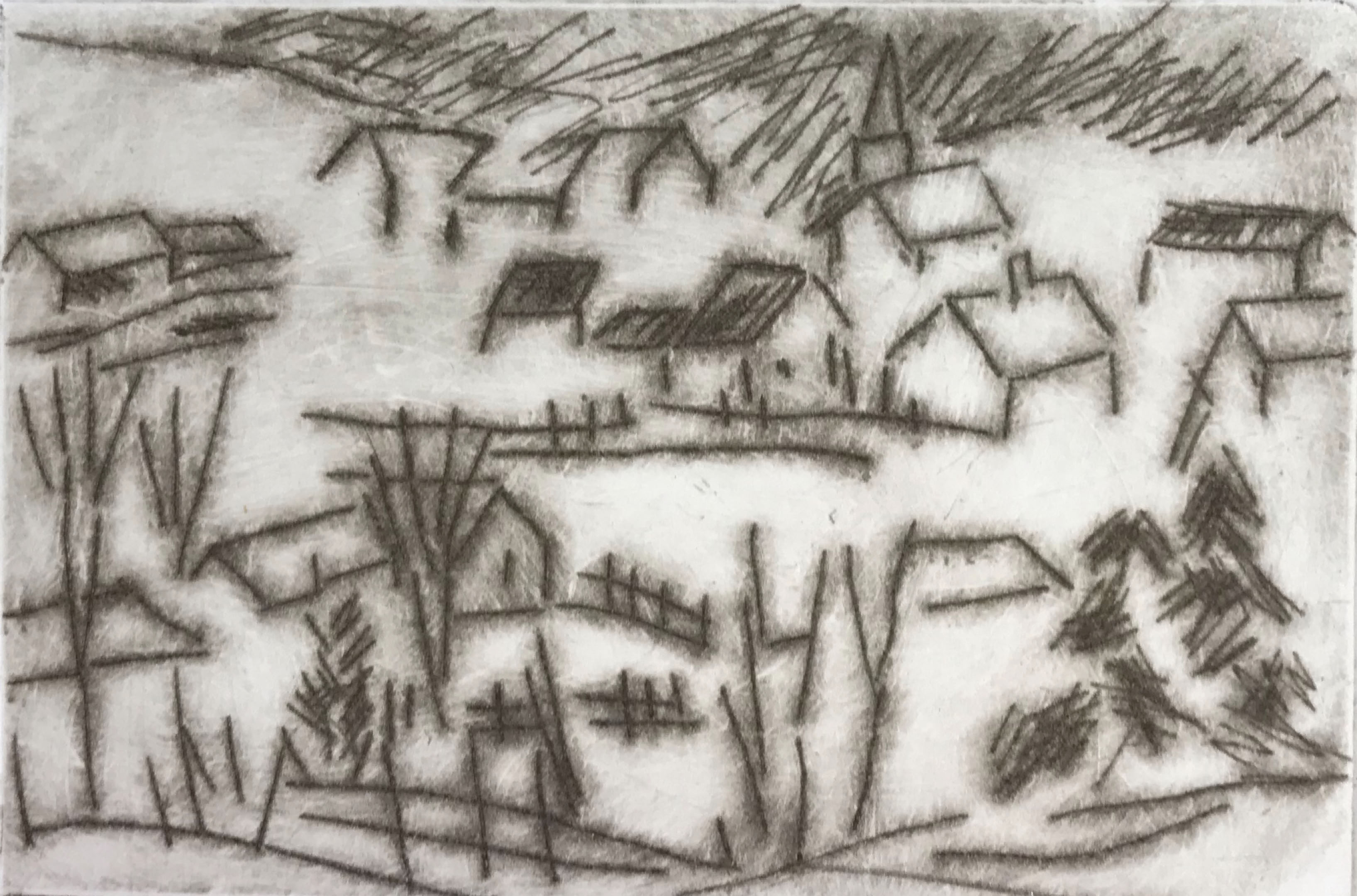 Clare Adams Grafton Overlook 1 2019 Drypoint etching on paper (framed) 3 x 4 in