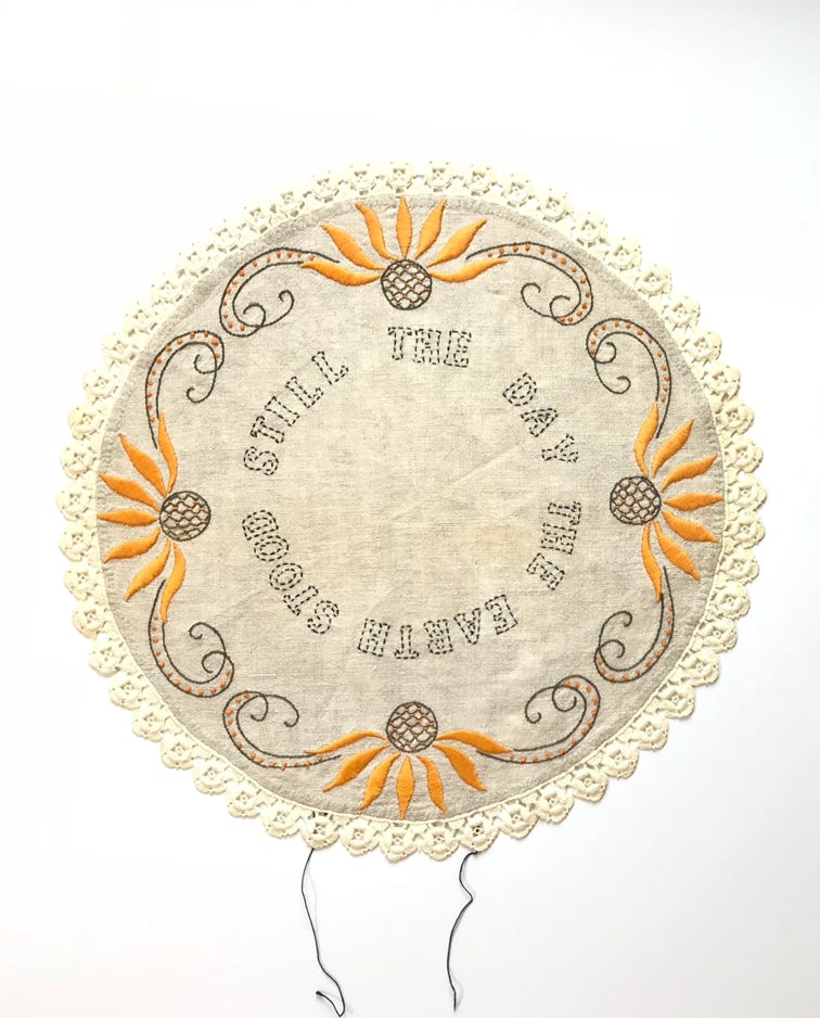 Corinne Greenhalgh The Day The Earth Stood Still 2017 Embroidered text on found linen