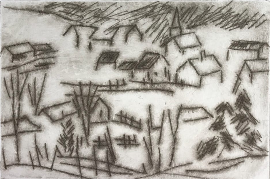 Clare Adams Grafton Overlook 1 2019 Drypoint etching on paper (framed) 3 x 4 in