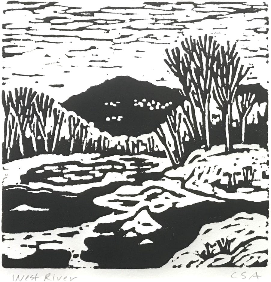 Clare Adams West River 2018 Block-print on paper (framed) 8 x 8 in