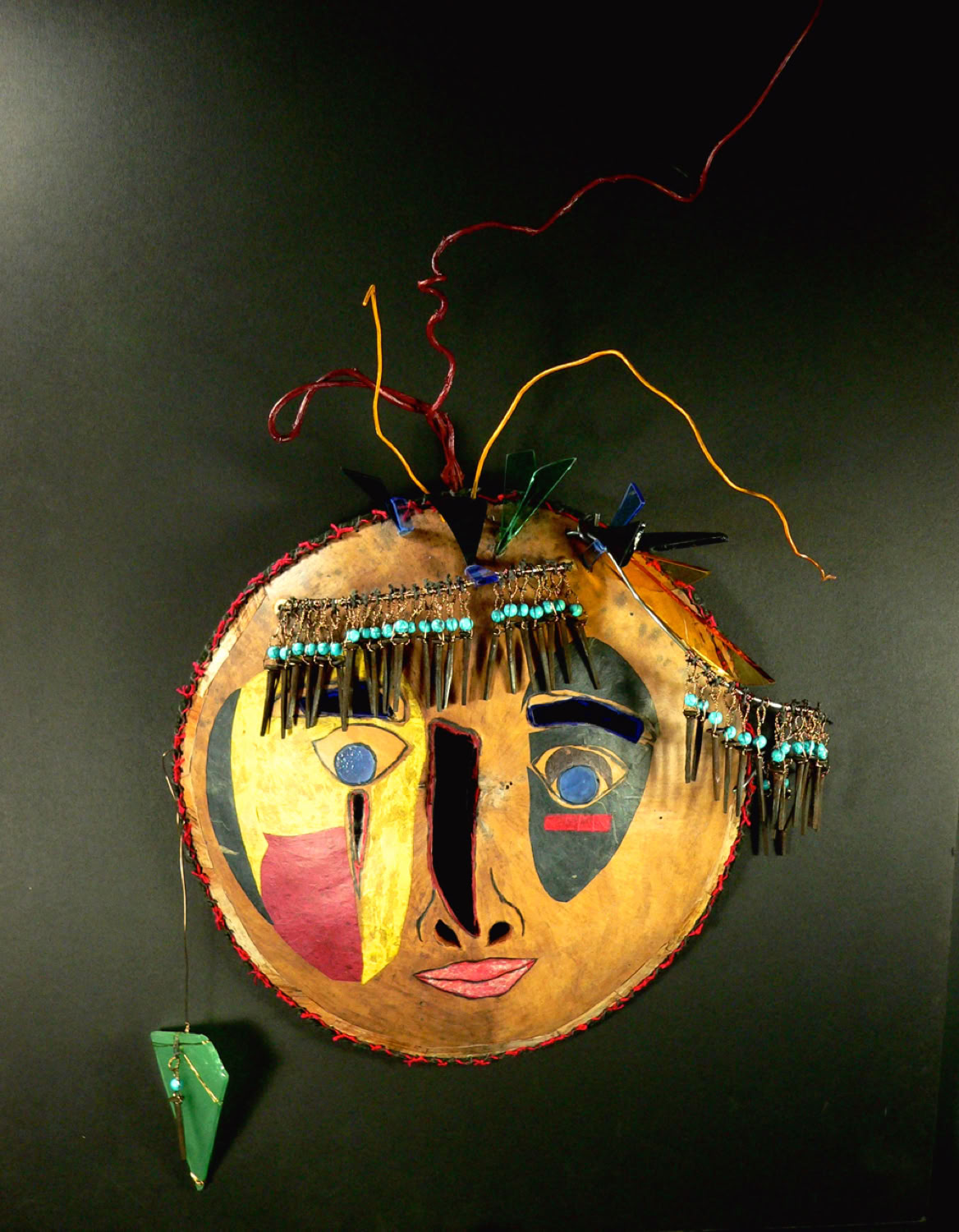 kim-grall_eyes-forward-mask_2020_top-of-flat-bushel-gourd-multimedia-including-stained-glass-old-slate-nails-and-beads_11x11x13in