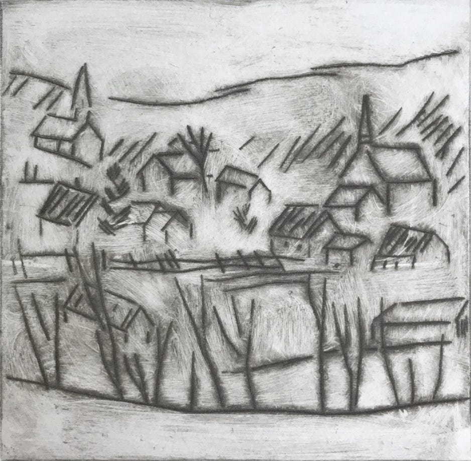Clare Adams Grafton Overlook 2 2019 Drypoint etching on paper (framed) 4 x 4 in